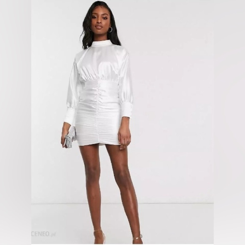 Club L London NWT White Satin High Neck Ruched Long Sleeve Mini Dress US 6